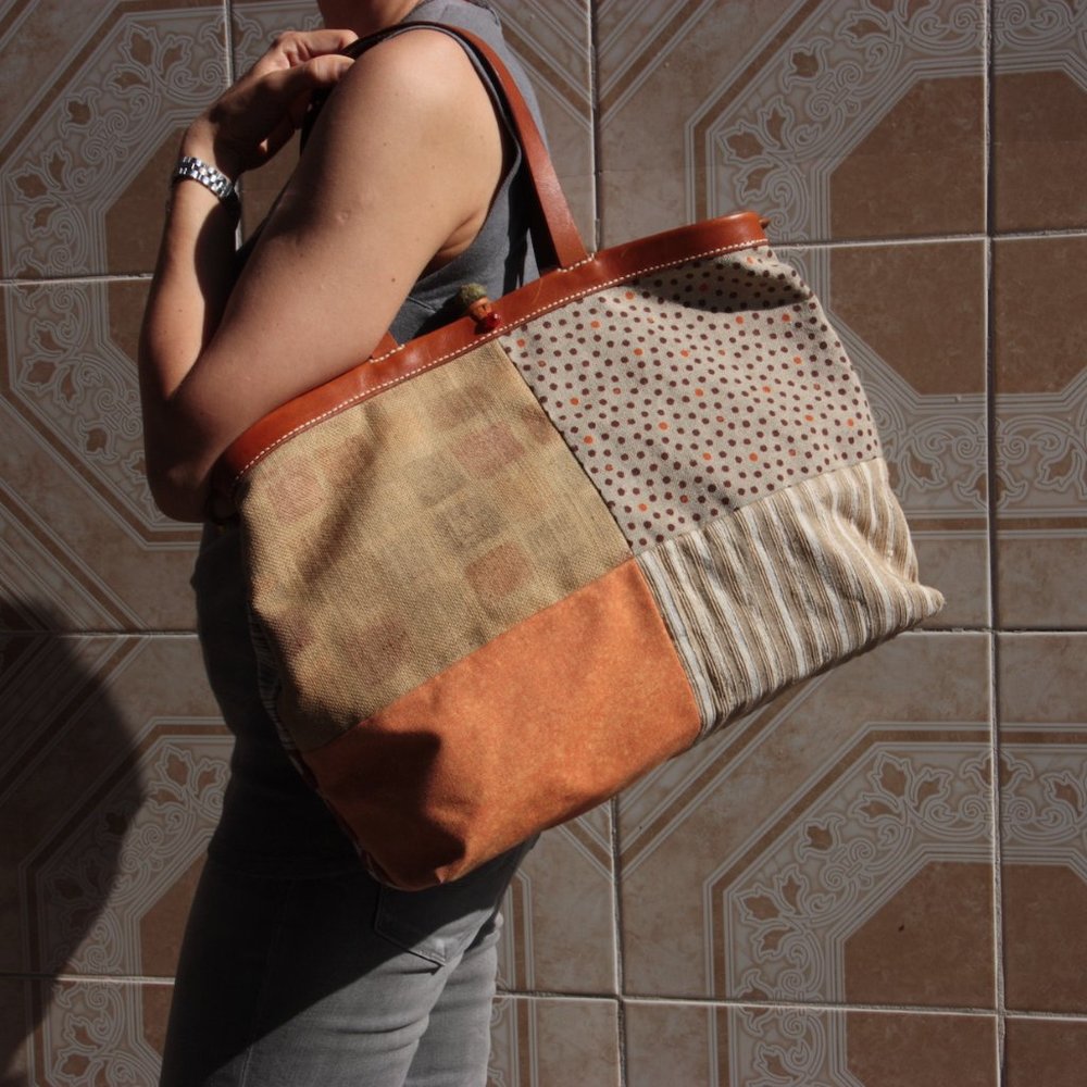 Henry Cuir Beguelin Canvas Patch Multi Color Leather Trim Tote Bag